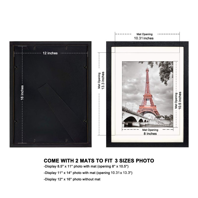 Luxdart 12x16 frames with Mat to Display 11x14 Picture or 8.5x11 photo 12 x 16 Black Solid Wood Picture Frame Wall Art for Living Room Wall Mount and tabletop Decor(2 Mats) - Image 2